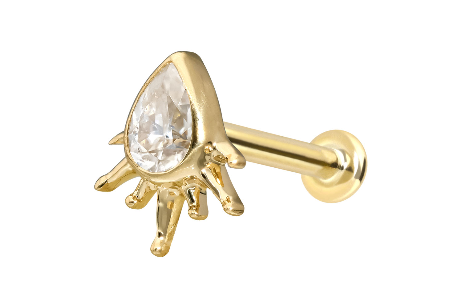 14 Karat Gold Labret Piercing mit Innengewinde MOISSANIT-TROPFEN + SONNENSTRAHLEN